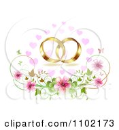 Poster, Art Print Of Gold Wedding Bands Over Cherry Blossoms Hearts And Butterflies