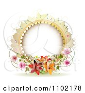 Poster, Art Print Of Round Frame With Lilies Vines And Pink Blossoms On White