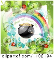 Clipart Happy St Patricks Day Greeting With A Rainbow And Pot Of Gold On Shamrocks With Ladybugs Royalty Free Vector Illustration