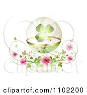 Clipart St Patricks Day Background Of A Shamrock In A Glass Sphere Over Blossoms On White Royalty Free Vector Illustration