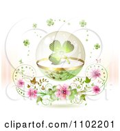 Poster, Art Print Of St Patricks Shamrock In A Glass Sphere Over Blossoms And Pink Rays On White