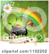 Clipart Happy St Patricks Day Banner With A Shamrock Rainbow And Pot Of Gold Royalty Free Vector Illustration
