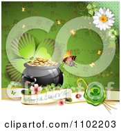 Clipart Happy St Patricks Day Banner With A Shamrock And Pot Of Gold Royalty Free Vector Illustration by merlinul