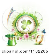 Shamrock In A Frame With Blossoms Butterflies A Leprechaun Hat Coin And Horseshoe On White