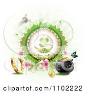 Clipart St Patricks Day Shamrock In A Sphere On With Blossoms And Butterflies A Coin Horsehoe And Pot Of Gold Royalty Free Vector Illustration