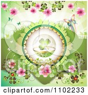 Clipart St Patricks Day Shamrock In A Sphere On Green With Blossoms And Butterflies Royalty Free Vector Illustration