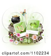 Poster, Art Print Of St Patricks Day Horseshoe And Shamrock Instant Photos With Blossoms Clovers A Butterlfy And Pot Of Gold