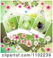 Poster, Art Print Of Horseshoe Shamrock And Pot Of Gold Photos Over Blossoms And Butterflies On Green