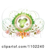 Clipart Shamrock Inside A Green Leaf Frame With Butterflies And Flowers On White Royalty Free Vector Illustration