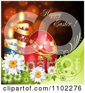 Poster, Art Print Of Happy Easter Greeting With Candles Flowers And A Red Egg