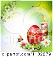 Poster, Art Print Of Red Easter Egg With A Candle And Butterfly On Green