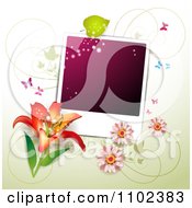 Poster, Art Print Of Butterfly Purple Instant Photo And Floral Background