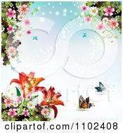 Poster, Art Print Of Blue Butterfly Blossom And Lily Background