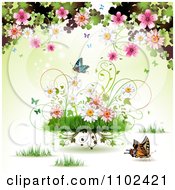 Poster, Art Print Of Butterfly Grass And Spring Flower Background 4