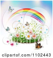 Poster, Art Print Of Butterfly Rainbow Grass And Spring Flower Background