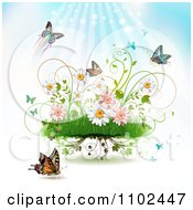 Poster, Art Print Of Butterfly Grass And Spring Flower Background 1