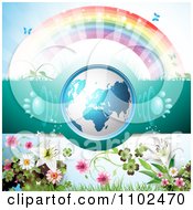Poster, Art Print Of 3d Blue Globe With Paw Print Sound Waves Under A Rainbow With Flowers