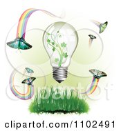 Poster, Art Print Of Renewable Green Energy Light Bulb With Butterflies And Rainbows 2