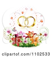 Poster, Art Print Of Wedding Bands Over Butterflies Hearts Lilies Blossoms And Shamrocks