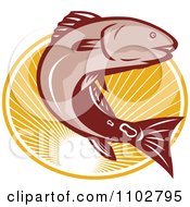 Clipart Retro Red Drum Bass Fish Leaping Over An Oval Of Rays Royalty Free Vector Illustration