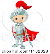 Poster, Art Print Of Happy Knight Boy With A Red Cape Sword And Shield