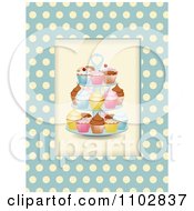 Poster, Art Print Of Cupcakes On A Stand Over Blue And Beige Polka Dots