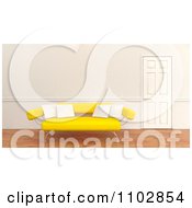 3d Yellow Modern Sofa With White Pillows By A Closed Door