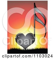Poster, Art Print Of Shiny Black Heart Love Music Note Against A Sunset