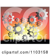 Clipart Silver Gear Cogs Floating Against A Sunset Royalty Free Vector Illustration