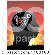 Clipart Profiled Head With Gears Against A Sunset Royalty Free Vector Illustration
