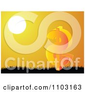 Clipart 3d Orange Dollar Symbol On Grass Under A Sunset Royalty Free Vector Illustration