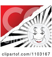 Clipart Happy Dollar Face Over Rays With Torn Paper And Red Copyspace Royalty Free Vector Illustration