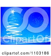 Poster, Art Print Of White Scribble Christmas Tree With Fireworks On Blue Background