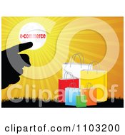 Clipart Silhouetted Hand Pointing To An E Commerce Sun Over Shopping Bags Royalty Free Vector Illustration