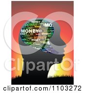 Poster, Art Print Of Profiled Head With A Money Word Collage Against A Sunset