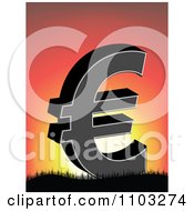 Clipart Black Euro Symbol Against A Sunset Royalty Free Vector Illustration