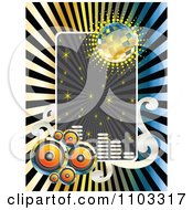 Poster, Art Print Of Music Speaker Disco Ball Sparkle And Equalizer Frame Over Rays
