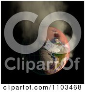 Clipart 3d Burning Irradiated Earth With A Grid Smoking On Black 3 Royalty Free CGI Illustration