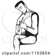 Clipart Seated Male Guitarist And Strumming In Black And White Royalty Free Vector Illustration