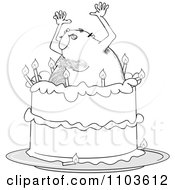 Clipart Outlined Hairy Man Popping Out Of A Birthday Cake Royalty Free Vector Illustration