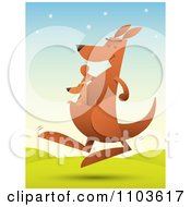 Poster, Art Print Of Baby Kangaroo Riding In Its Mothers Pouch As She Hops In A Hilly Landscape