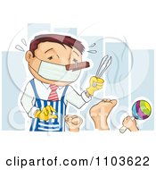 Poster, Art Print Of Father Ready To Change Diapers With A Nose Plug Mask Apron And Tongs