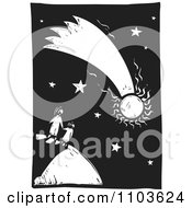 Mother And Child Watching A Comet In The Night Sky Black And White Woodcut