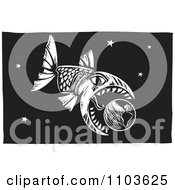 Clipart Big Fish Eating Earth In The Night Sky Black And White Woodcut Royalty Free Vector Illustration