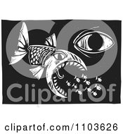 Clipart Eye Over A Big Fish Eating Little Fish Black And White Woodcut Royalty Free Vector Illustration