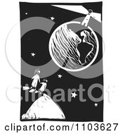 Poster, Art Print Of Mother And Child Watching A Lighthouse On Earth Black And White Woodcut