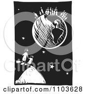 Poster, Art Print Of Mother And Child Watching Other People On Earth Black And White Woodcut