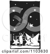 Poster, Art Print Of Girl Pointing Up At Shooting Stars In The Night Sky Black And White Woodcut