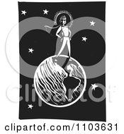 Poster, Art Print Of Super Hero Standing On Earth Against A Night Sky Black And White Woodcut