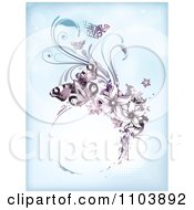 Poster, Art Print Of Blue Background With Purple Butterflies Vines And A Grungy Circle Frame On Halftone
